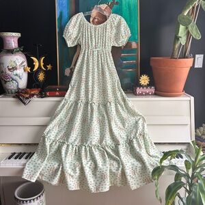 Vintage 70s Georgie Girl Cottagecore Floral Maxi Dress with Puff Sleeves L